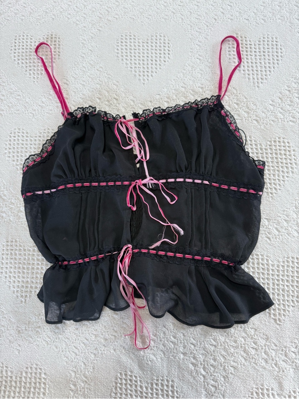 Kimchi Blue Black Mesh and Pink Ribbon Cami Top (L)